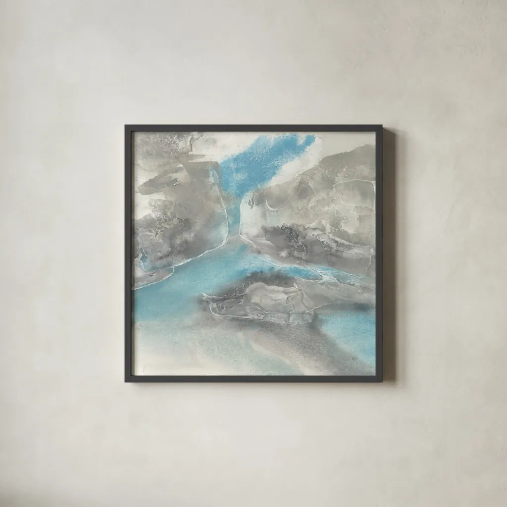 Blue Tones II by Chris Paschke. Shown in a sleek black glass frame for a contemporary gallery look. Available as an archival giclee rolled canvas, fine art paper, or poster print. SKU 35268a.