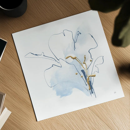 Blue and Gold Floral I by Chris Paschke. Shown as a detailed flat fine art print, highlighting archival giclee quality. Available as an archival giclee rolled canvas, fine art paper, or poster print. SKU 74378a.