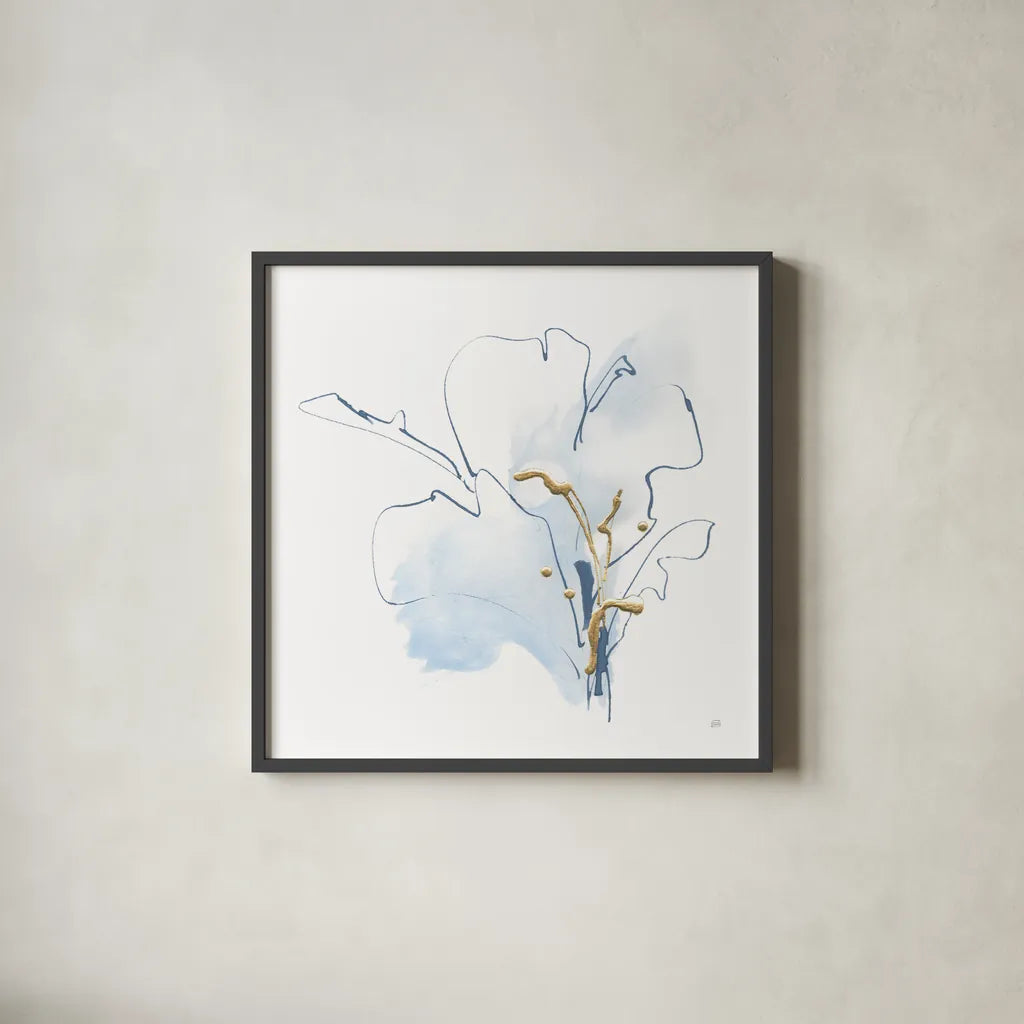 Blue and Gold Floral I by Chris Paschke. Shown in a sleek black glass frame for a contemporary gallery look. Available as an archival giclee rolled canvas, fine art paper, or poster print. SKU 74378a.