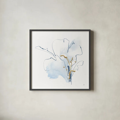Blue and Gold Floral I by Chris Paschke. Shown in a sleek black glass frame for a contemporary gallery look. Available as an archival giclee rolled canvas, fine art paper, or poster print. SKU 74378a.
