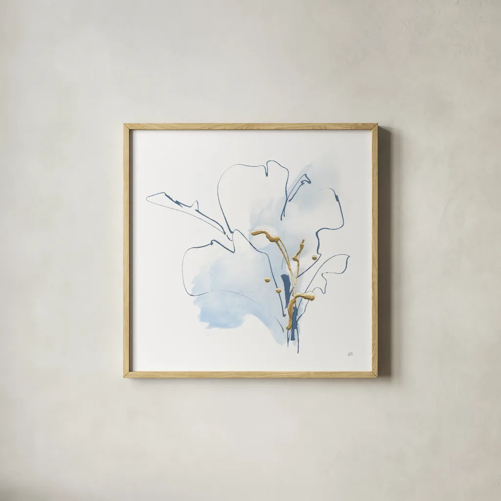 Blue and Gold Floral I by Chris Paschke. Shown in a natural wood glass frame for a timeless modern aesthetic. Available as an archival giclee rolled canvas, fine art paper, or poster print. SKU 74378a.