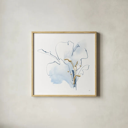 Blue and Gold Floral I by Chris Paschke. Shown in a natural wood glass frame for a timeless modern aesthetic. Available as an archival giclee rolled canvas, fine art paper, or poster print. SKU 74378a.