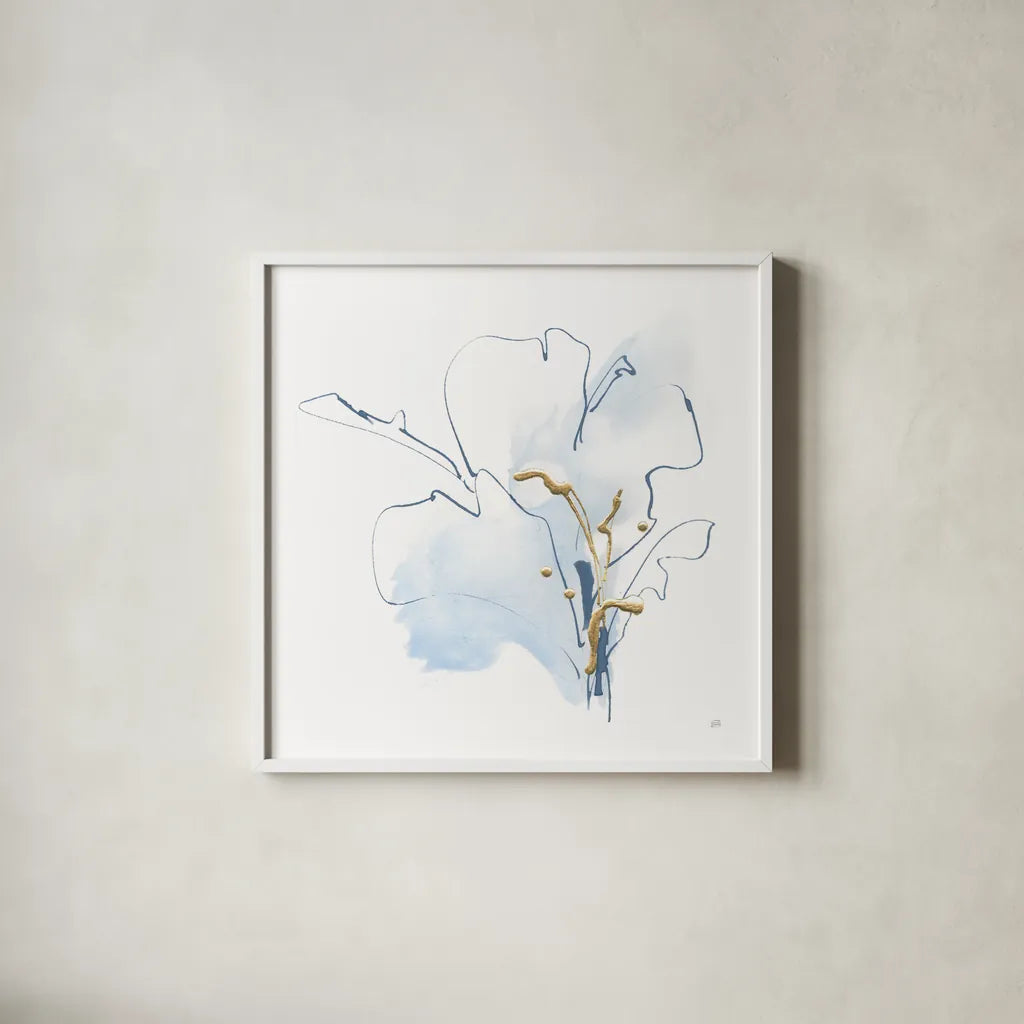 Blue and Gold Floral I by Chris Paschke. Shown in a crisp white glass frame for a clean and minimalist style. Available as an archival giclee rolled canvas, fine art paper, or poster print. SKU 74378a.