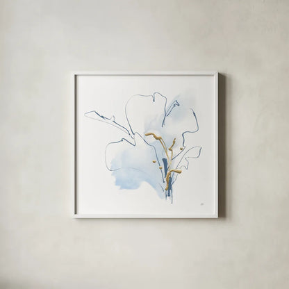 Blue and Gold Floral I by Chris Paschke. Shown in a crisp white glass frame for a clean and minimalist style. Available as an archival giclee rolled canvas, fine art paper, or poster print. SKU 74378a.