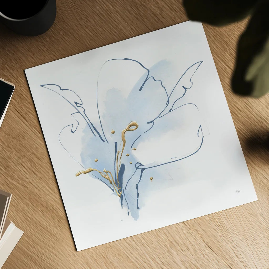 Blue and Gold Floral II by Chris Paschke. Shown as a detailed flat fine art print, highlighting archival giclee quality. Available as an archival giclee rolled canvas, fine art paper, or poster print. SKU 74379a.