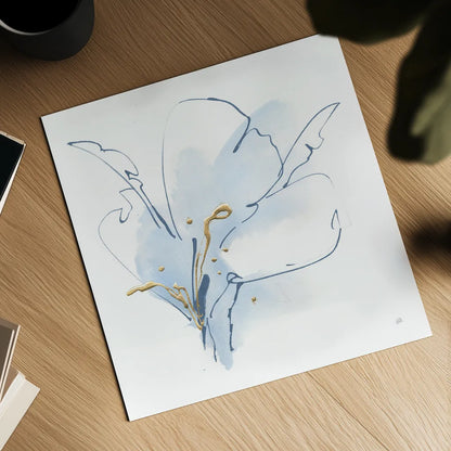 Blue and Gold Floral II by Chris Paschke. Shown as a detailed flat fine art print, highlighting archival giclee quality. Available as an archival giclee rolled canvas, fine art paper, or poster print. SKU 74379a.