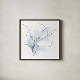 Blue and Gold Floral II by Chris Paschke. Shown in a sleek black glass frame for a contemporary gallery look. Available as an archival giclee rolled canvas, fine art paper, or poster print. SKU 74379a.