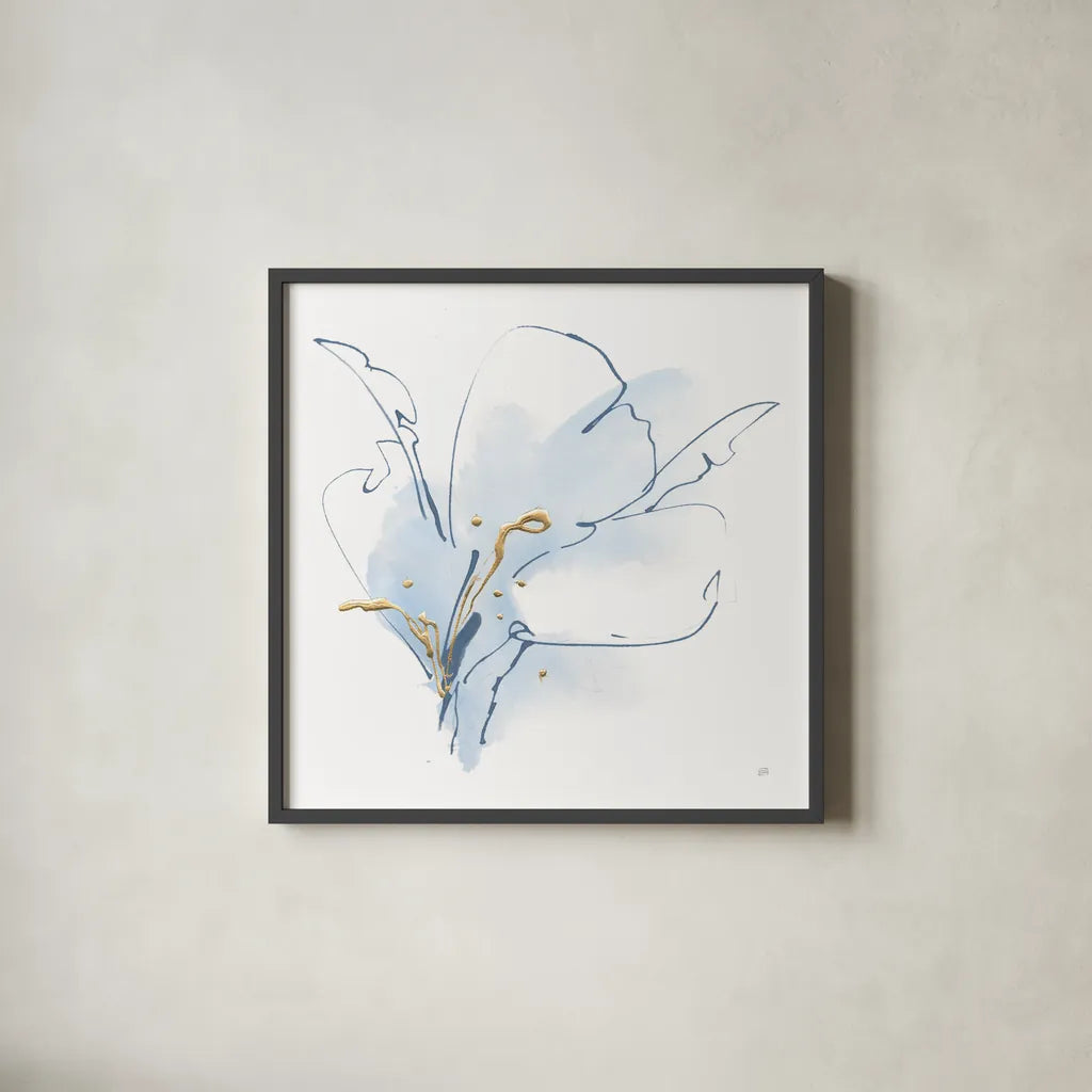 Blue and Gold Floral II by Chris Paschke. Shown in a sleek black glass frame for a contemporary gallery look. Available as an archival giclee rolled canvas, fine art paper, or poster print. SKU 74379a.