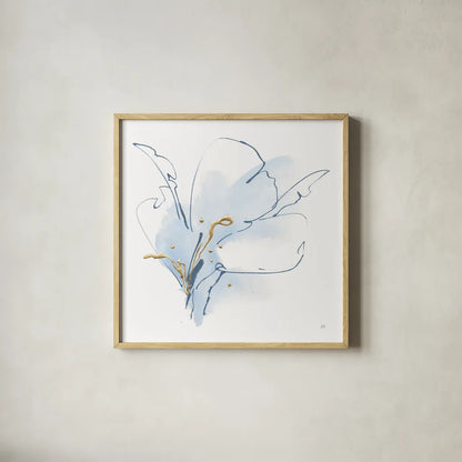 Blue and Gold Floral II by Chris Paschke. Shown in a natural wood glass frame for a timeless modern aesthetic. Available as an archival giclee rolled canvas, fine art paper, or poster print. SKU 74379a.