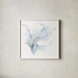 Blue and Gold Floral II by Chris Paschke. Shown in a crisp white glass frame for a clean and minimalist style. Available as an archival giclee rolled canvas, fine art paper, or poster print. SKU 74379a.