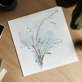 Blue and Gold Floral III by Chris Paschke. Shown as a detailed flat fine art print, highlighting archival giclee quality. Available as an archival giclee rolled canvas, fine art paper, or poster print. SKU 74380a.