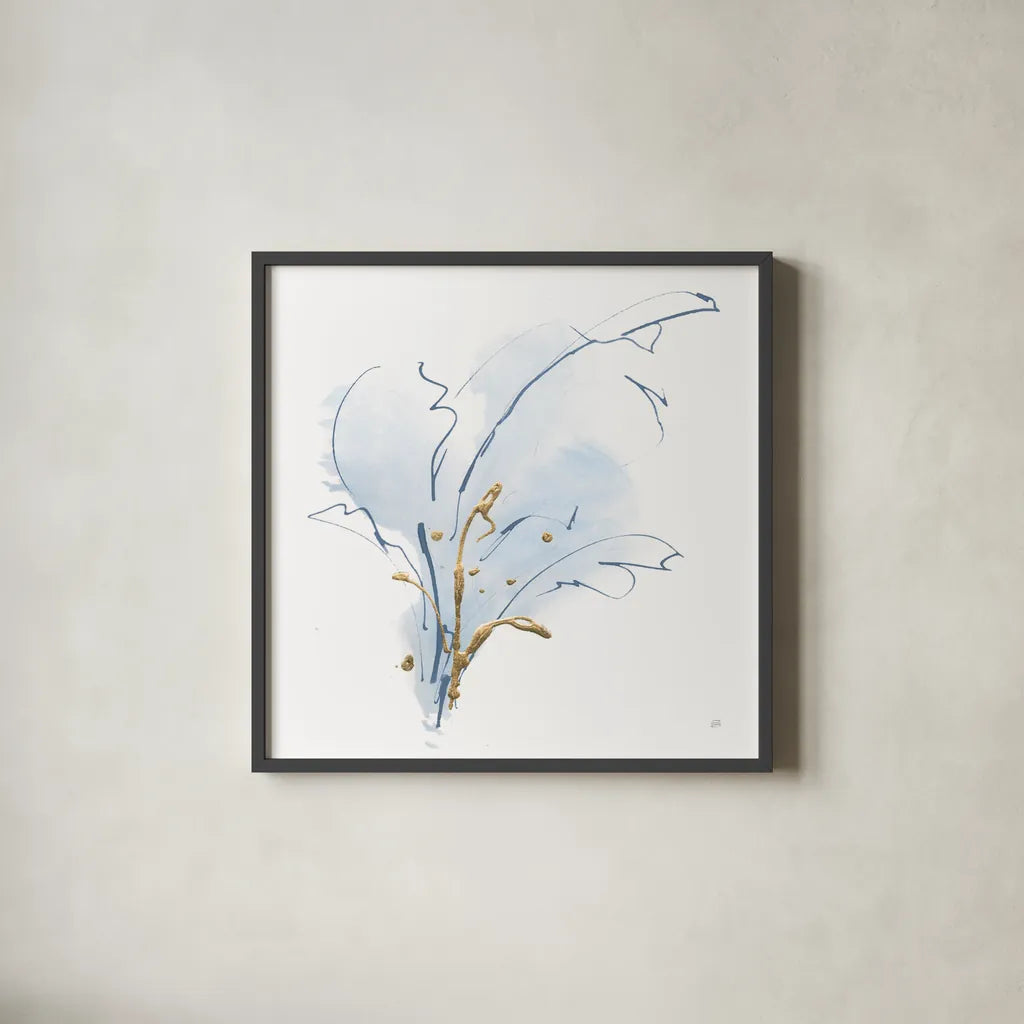 Blue and Gold Floral III by Chris Paschke. Shown in a sleek black glass frame for a contemporary gallery look. Available as an archival giclee rolled canvas, fine art paper, or poster print. SKU 74380a.