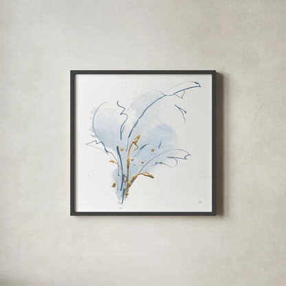 Blue and Gold Floral III by Chris Paschke. Shown in a sleek black glass frame for a contemporary gallery look. Available as an archival giclee rolled canvas, fine art paper, or poster print. SKU 74380a.