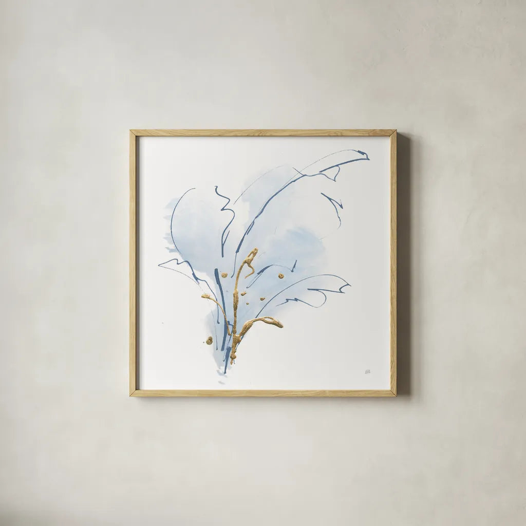 Blue and Gold Floral III by Chris Paschke. Shown in a natural wood glass frame for a timeless modern aesthetic. Available as an archival giclee rolled canvas, fine art paper, or poster print. SKU 74380a.
