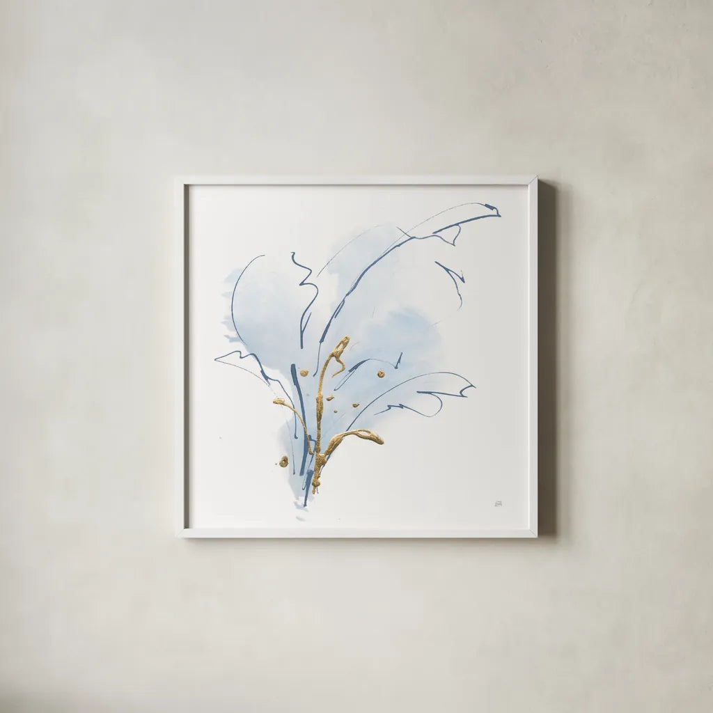 Blue and Gold Floral III by Chris Paschke. Shown in a crisp white glass frame for a clean and minimalist style. Available as an archival giclee rolled canvas, fine art paper, or poster print. SKU 74380a.
