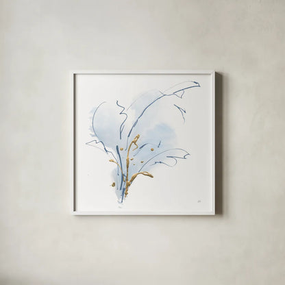 Blue and Gold Floral III by Chris Paschke. Shown in a crisp white glass frame for a clean and minimalist style. Available as an archival giclee rolled canvas, fine art paper, or poster print. SKU 74380a.