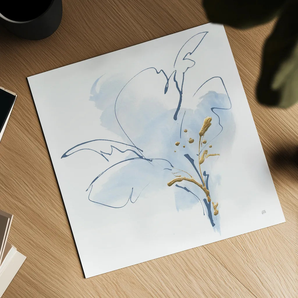 Blue and Gold Floral IV by Chris Paschke. Shown as a detailed flat fine art print, highlighting archival giclee quality. Available as an archival giclee rolled canvas, fine art paper, or poster print. SKU 74381a.