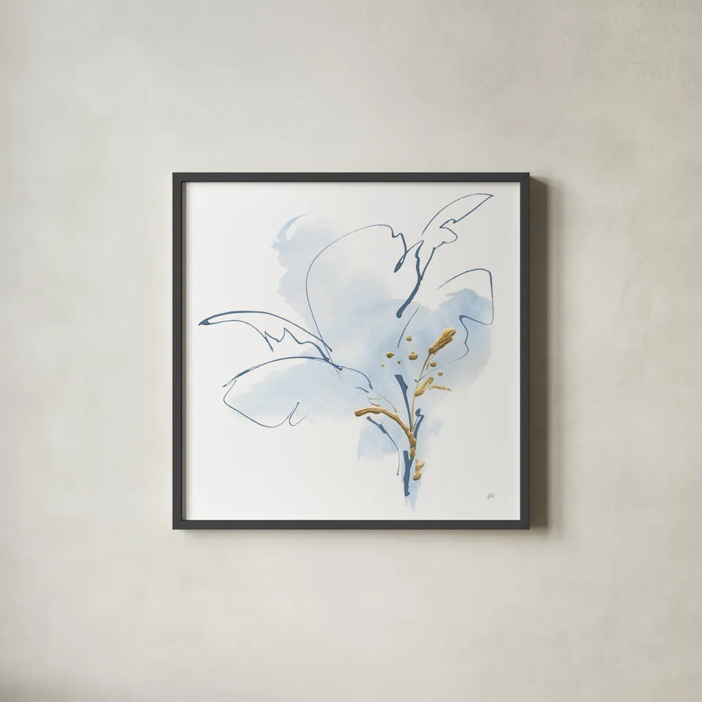 Blue and Gold Floral IV by Chris Paschke. Shown in a sleek black glass frame for a contemporary gallery look. Available as an archival giclee rolled canvas, fine art paper, or poster print. SKU 74381a.