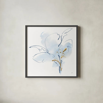 Blue and Gold Floral IV by Chris Paschke. Shown in a sleek black glass frame for a contemporary gallery look. Available as an archival giclee rolled canvas, fine art paper, or poster print. SKU 74381a.