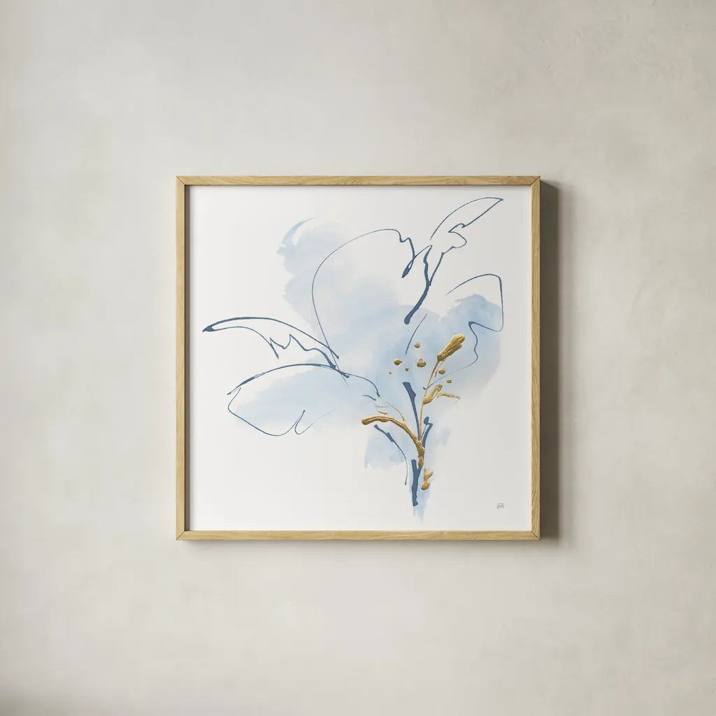 Blue and Gold Floral IV by Chris Paschke. Shown in a natural wood glass frame for a timeless modern aesthetic. Available as an archival giclee rolled canvas, fine art paper, or poster print. SKU 74381a.