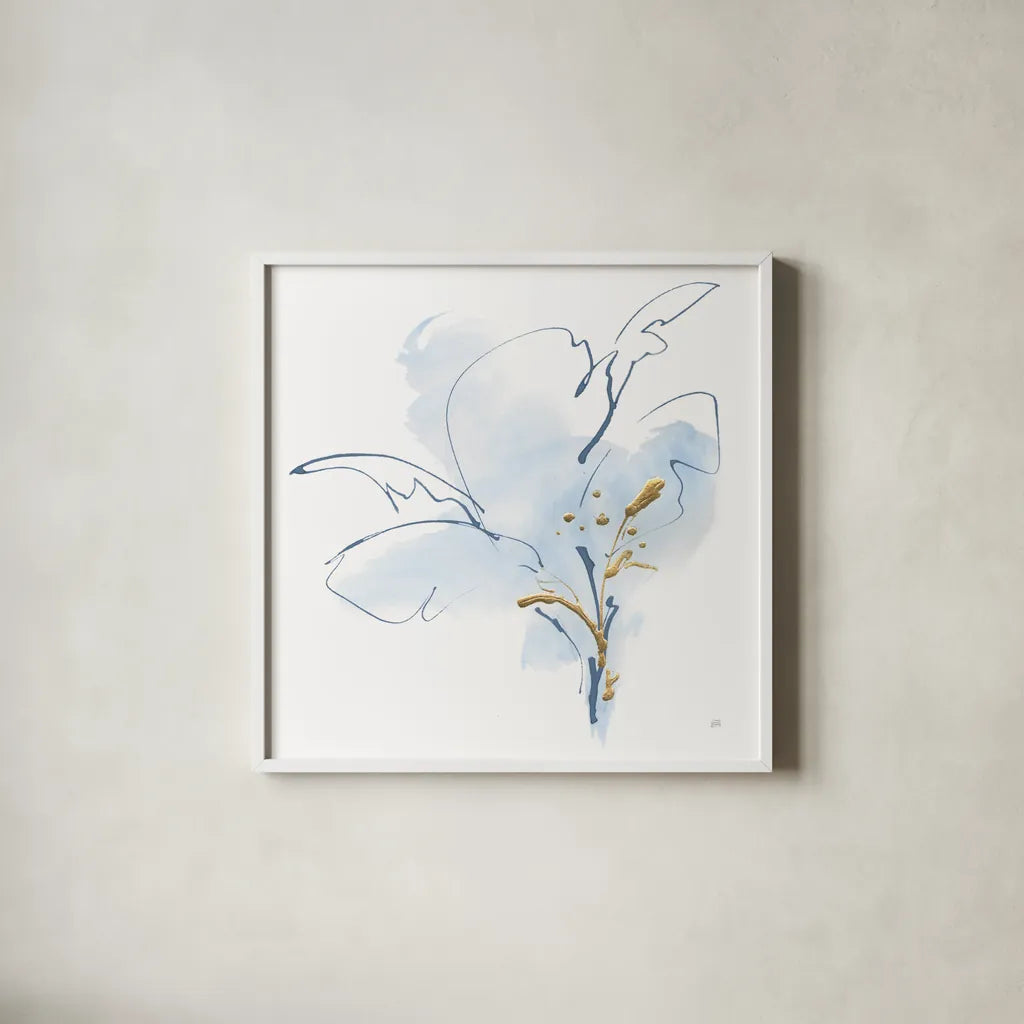 Blue and Gold Floral IV by Chris Paschke. Shown in a crisp white glass frame for a clean and minimalist style. Available as an archival giclee rolled canvas, fine art paper, or poster print. SKU 74381a.