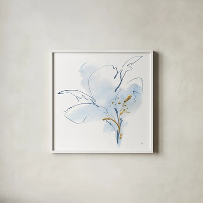 Blue and Gold Floral IV by Chris Paschke. Shown in a crisp white glass frame for a clean and minimalist style. Available as an archival giclee rolled canvas, fine art paper, or poster print. SKU 74381a.