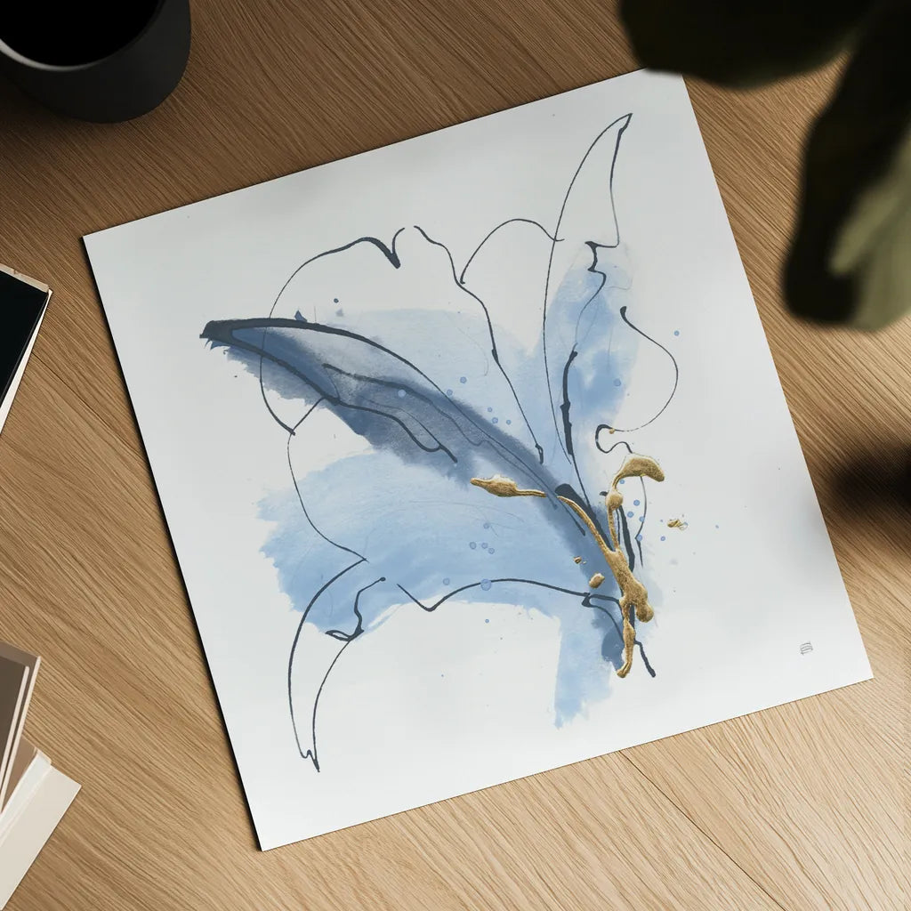 Blue and Gold Floral V by Chris Paschke. Shown as a detailed flat fine art print, highlighting archival giclee quality. Available as an archival giclee rolled canvas, fine art paper, or poster print. SKU 75006a.