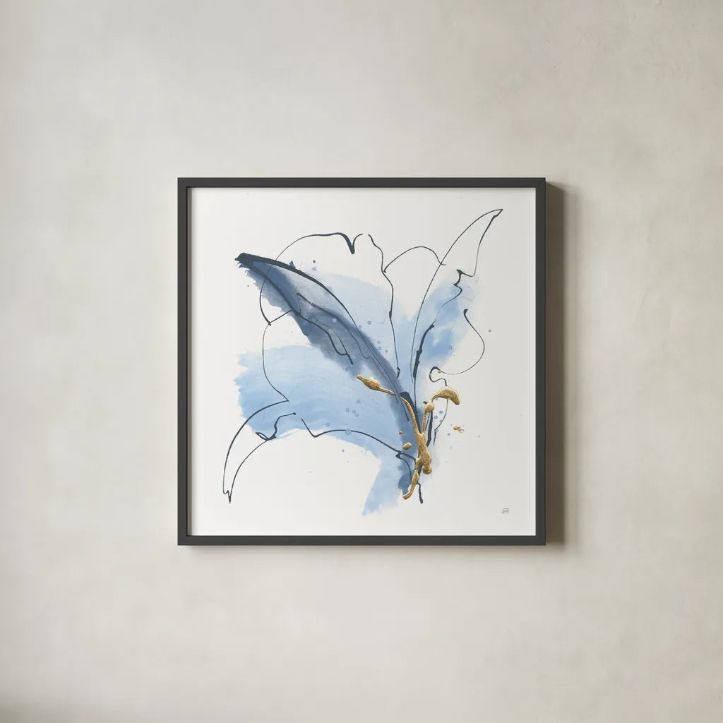 Blue and Gold Floral V by Chris Paschke. Shown in a sleek black glass frame for a contemporary gallery look. Available as an archival giclee rolled canvas, fine art paper, or poster print. SKU 75006a.