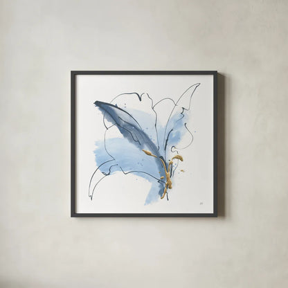 Blue and Gold Floral V by Chris Paschke. Shown in a sleek black glass frame for a contemporary gallery look. Available as an archival giclee rolled canvas, fine art paper, or poster print. SKU 75006a.