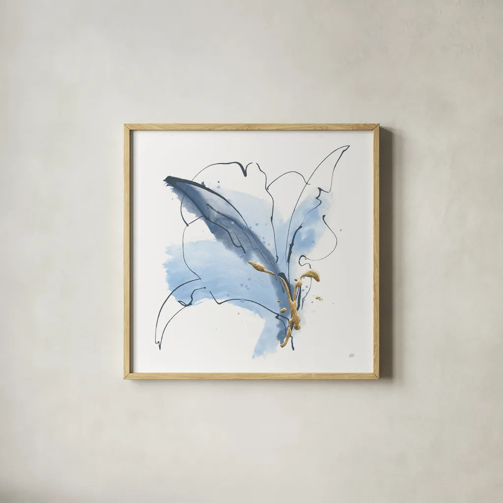 Blue and Gold Floral V by Chris Paschke. Shown in a natural wood glass frame for a timeless modern aesthetic. Available as an archival giclee rolled canvas, fine art paper, or poster print. SKU 75006a.
