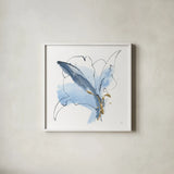 Blue and Gold Floral V by Chris Paschke. Shown in a crisp white glass frame for a clean and minimalist style. Available as an archival giclee rolled canvas, fine art paper, or poster print. SKU 75006a.