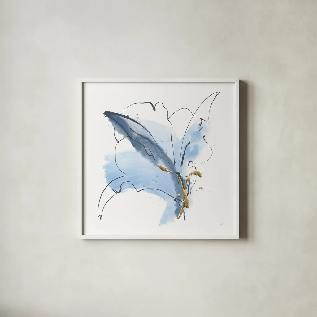 Blue and Gold Floral V by Chris Paschke. Shown in a crisp white glass frame for a clean and minimalist style. Available as an archival giclee rolled canvas, fine art paper, or poster print. SKU 75006a.