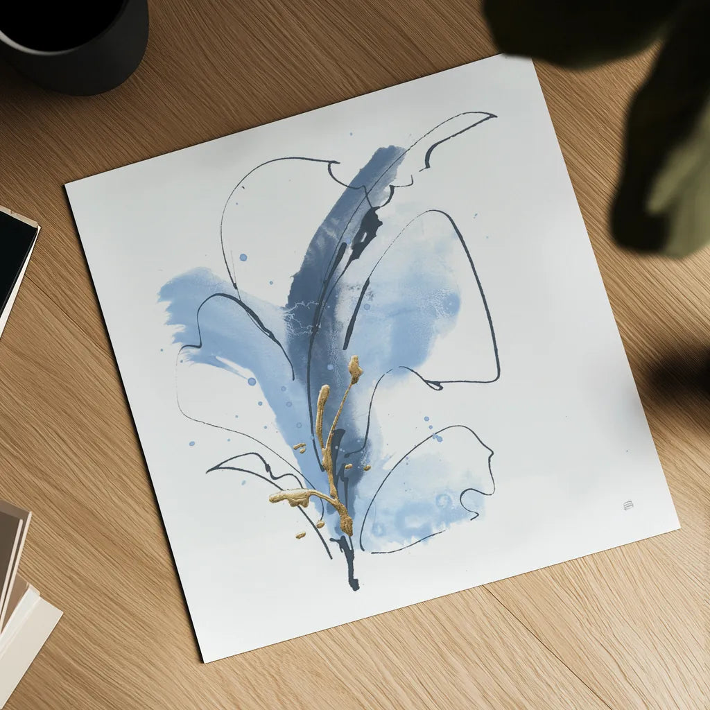 Blue and Gold Floral VI by Chris Paschke. Shown as a detailed flat fine art print, highlighting archival giclee quality. Available as an archival giclee rolled canvas, fine art paper, or poster print. SKU 75007a.