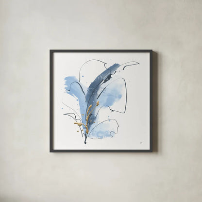 Blue and Gold Floral VI by Chris Paschke. Shown in a sleek black glass frame for a contemporary gallery look. Available as an archival giclee rolled canvas, fine art paper, or poster print. SKU 75007a.
