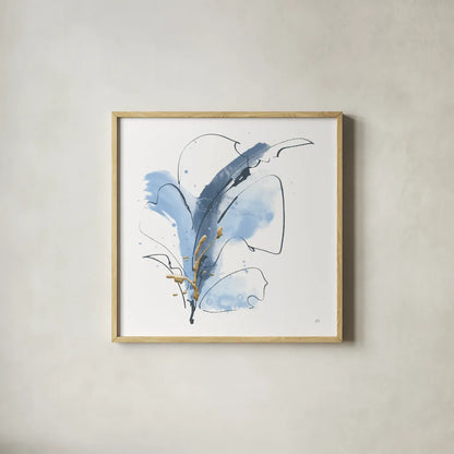 Blue and Gold Floral VI by Chris Paschke. Shown in a natural wood glass frame for a timeless modern aesthetic. Available as an archival giclee rolled canvas, fine art paper, or poster print. SKU 75007a.