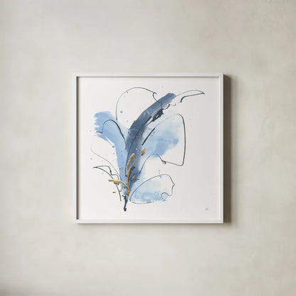 Blue and Gold Floral VI by Chris Paschke. Shown in a crisp white glass frame for a clean and minimalist style. Available as an archival giclee rolled canvas, fine art paper, or poster print. SKU 75007a.