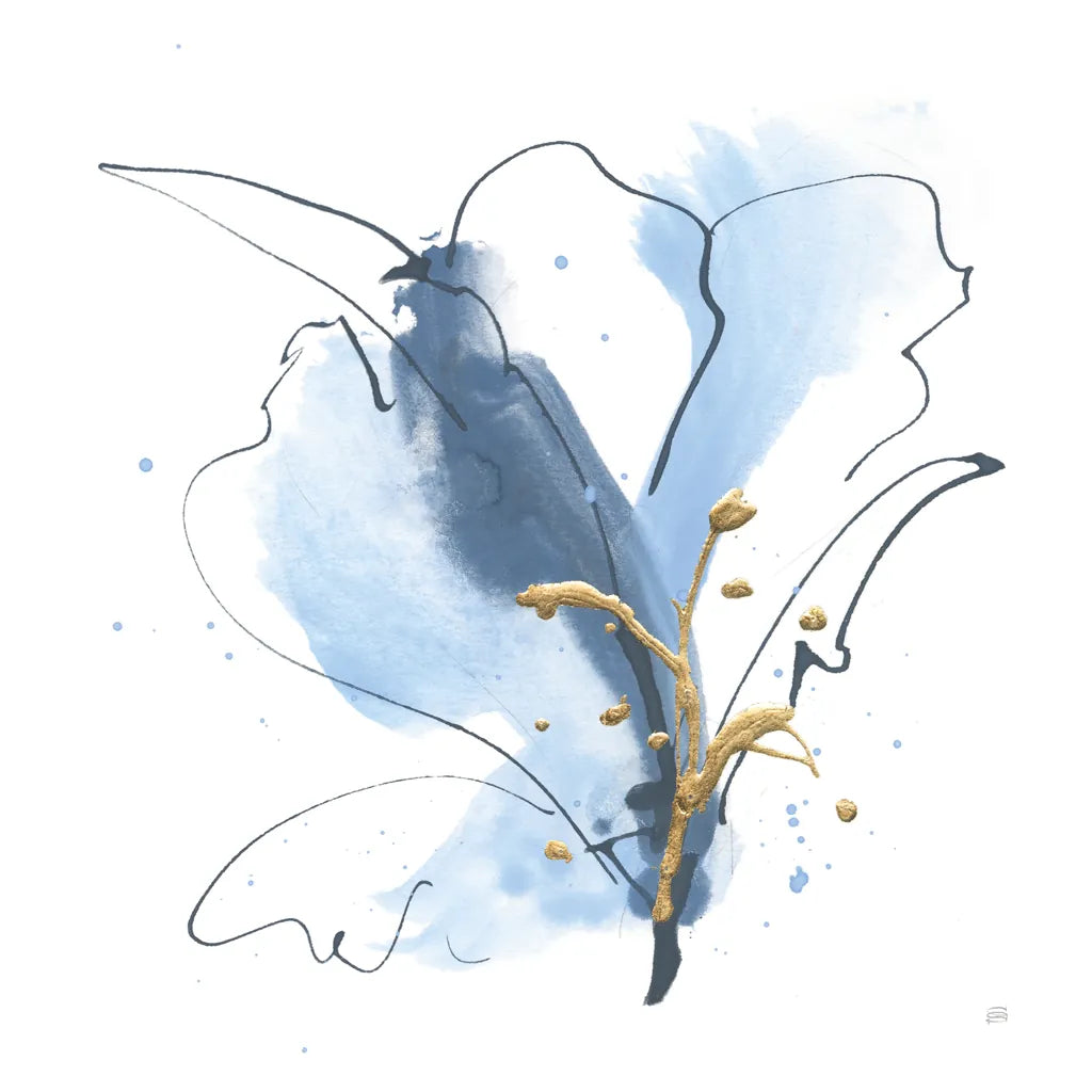 Blue and Gold Floral VII by Chris Paschke. SKU 75008a. Archival Giclee Fine art print for wall decor.