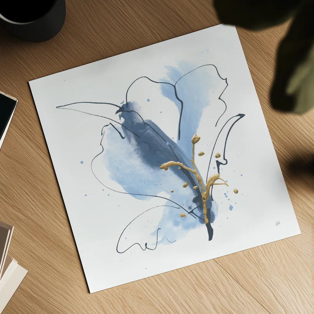 Blue and Gold Floral VII by Chris Paschke. Shown as a detailed flat fine art print, highlighting archival giclee quality. Available as an archival giclee rolled canvas, fine art paper, or poster print. SKU 75008a.