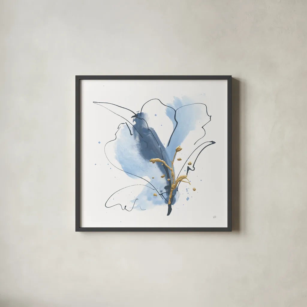 Blue and Gold Floral VII by Chris Paschke. Shown in a sleek black glass frame for a contemporary gallery look. Available as an archival giclee rolled canvas, fine art paper, or poster print. SKU 75008a.