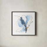 Blue and Gold Floral VII by Chris Paschke. Shown in a sleek black glass frame for a contemporary gallery look. Available as an archival giclee rolled canvas, fine art paper, or poster print. SKU 75008a.