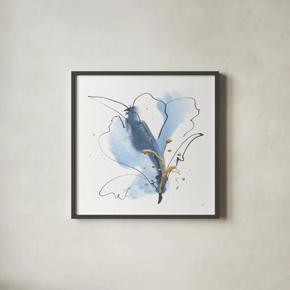 Blue and Gold Floral VII by Chris Paschke. Shown in a sleek black glass frame for a contemporary gallery look. Available as an archival giclee rolled canvas, fine art paper, or poster print. SKU 75008a.