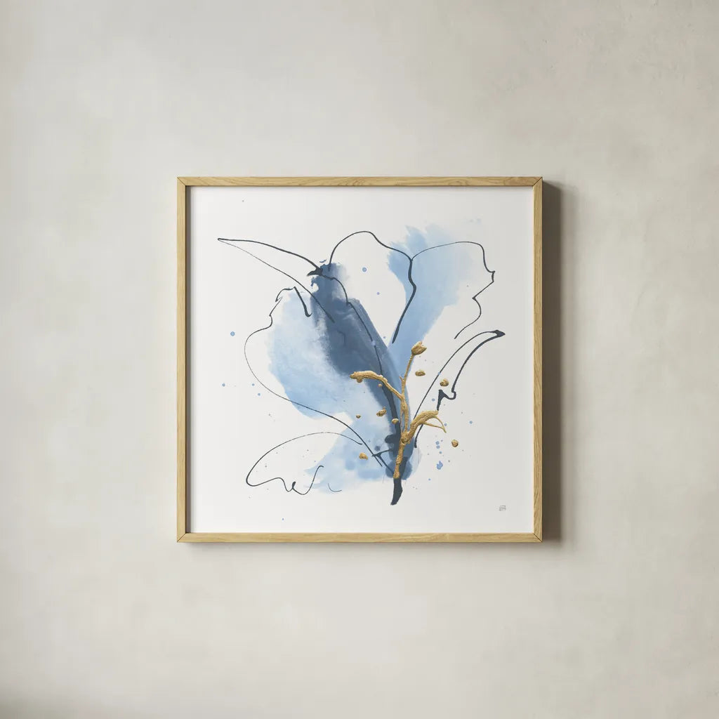 Blue and Gold Floral VII by Chris Paschke. Shown in a natural wood glass frame for a timeless modern aesthetic. Available as an archival giclee rolled canvas, fine art paper, or poster print. SKU 75008a.