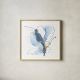 Blue and Gold Floral VII by Chris Paschke. Shown in a natural wood glass frame for a timeless modern aesthetic. Available as an archival giclee rolled canvas, fine art paper, or poster print. SKU 75008a.