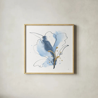 Blue and Gold Floral VII by Chris Paschke. Shown in a natural wood glass frame for a timeless modern aesthetic. Available as an archival giclee rolled canvas, fine art paper, or poster print. SKU 75008a.