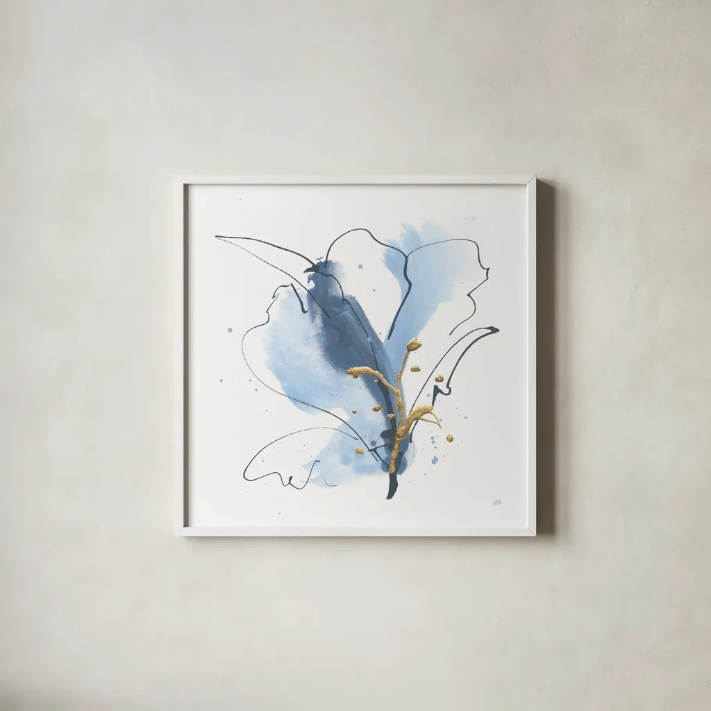 Blue and Gold Floral VII by Chris Paschke. Shown in a crisp white glass frame for a clean and minimalist style. Available as an archival giclee rolled canvas, fine art paper, or poster print. SKU 75008a.