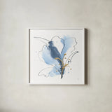 Blue and Gold Floral VII by Chris Paschke. Shown in a crisp white glass frame for a clean and minimalist style. Available as an archival giclee rolled canvas, fine art paper, or poster print. SKU 75008a.