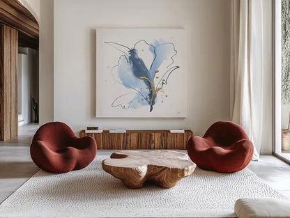 Blue and Gold Floral VII by Chris Paschke. Shown as extra-large giant wall art in a modern living room. Available as an archival giclee rolled canvas, fine art paper, or poster print. SKU 75008a.