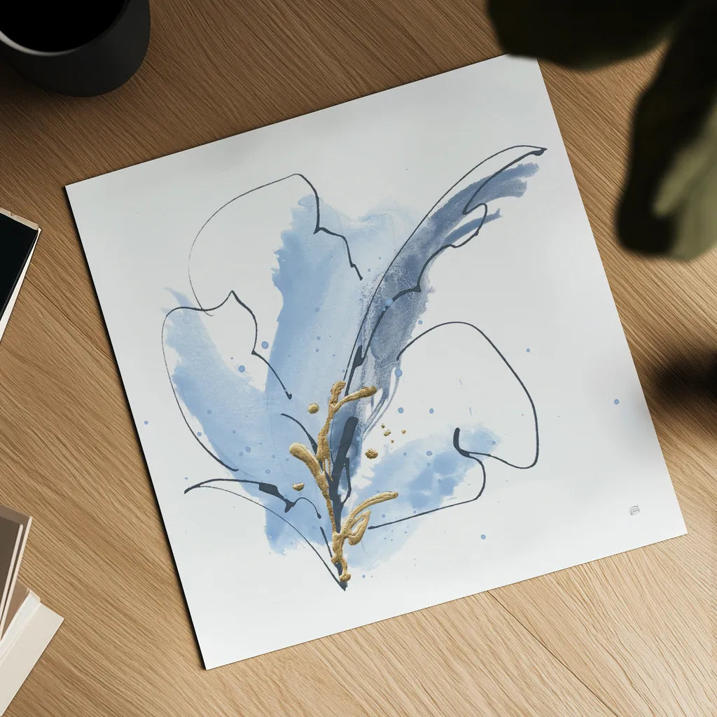 Blue and Gold Floral VIII by Chris Paschke. Shown as a detailed flat fine art print, highlighting archival giclee quality. Available as an archival giclee rolled canvas, fine art paper, or poster print. SKU 75009a.