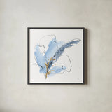 Blue and Gold Floral VIII by Chris Paschke. Shown in a sleek black glass frame for a contemporary gallery look. Available as an archival giclee rolled canvas, fine art paper, or poster print. SKU 75009a.