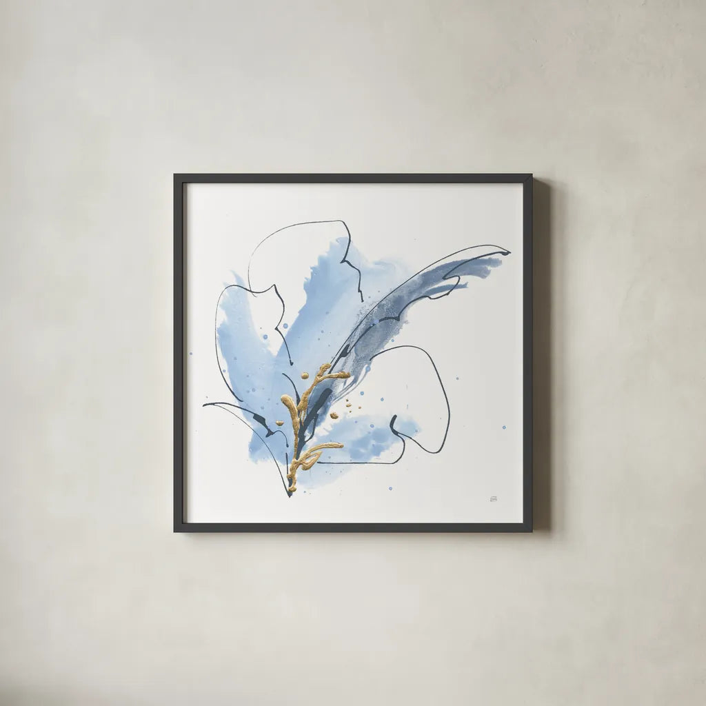 Blue and Gold Floral VIII by Chris Paschke. Shown in a sleek black glass frame for a contemporary gallery look. Available as an archival giclee rolled canvas, fine art paper, or poster print. SKU 75009a.